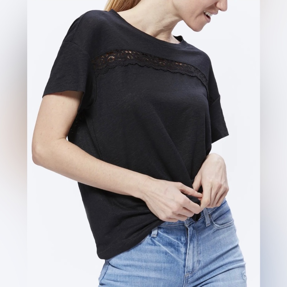 PAIGE Denim Black 100% Linen “Payson” Tee with Lace Cutout, size S